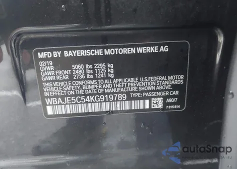 2019 BMW 540I z USA, uszkodzony, nr VIN WBAJE5C54KG919789